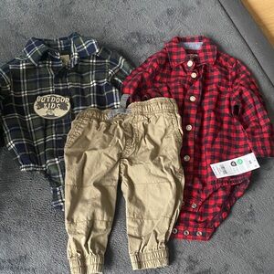 Outdoor Kids Plaid Bodysuits and Tan Pants Set